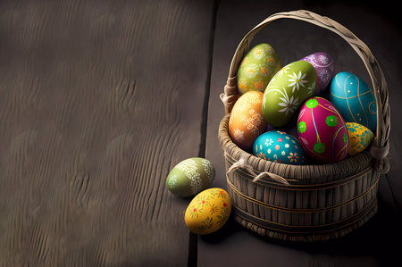 Easter. Eggs in a basket on a wooden background. Banner. AI generatedの素材