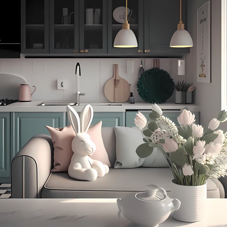 kitchen is decorated for easter. Easter interior. Tulips. Rabbit sitting on the couch. generative aiの素材