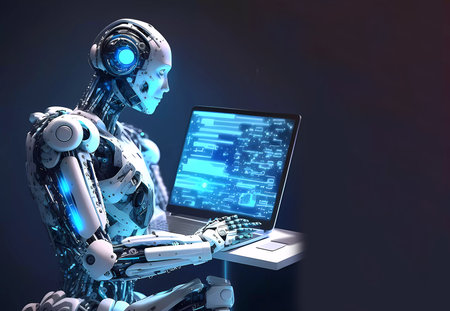 Robot woman at the computer. Internet security system. Data protection and cyber security concept. Generative AIの素材