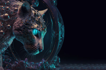 Cyborg cat digitalization. Robot cat looks to the future. Banner. generative aiの素材