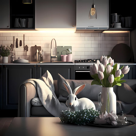 the kitchen is decorated for easter. Easter interior. Tulips. rabbit. generative aiの素材