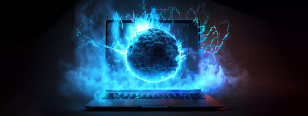 3D rendering of an abstract glowing laptop. digital technologies. Screensaver. wallpaper. Banner. Generated AIの素材