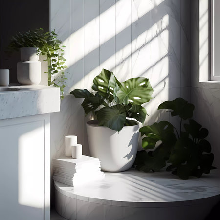 3D bathroom interior and tropical plan. AI generatedの素材