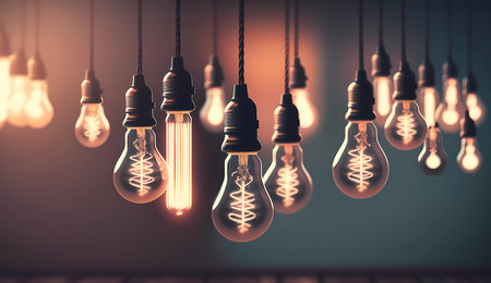 Background with a lot of hanging light bulbs. created by AIの素材