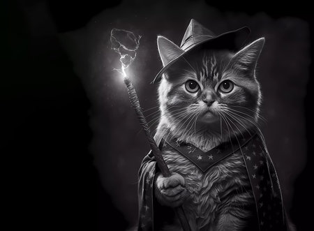 Black and white portrait of a cat in a hat with a magic wand. wallpaper. Banner. Generated AIの素材