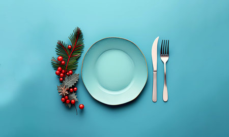 Christmas. Christmas dinner. A plate with cutlery. Banner. AI generatedの素材