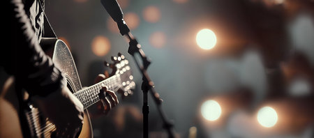 concert. Hands of a guitarist with a guitar on stage. The guitarist plays the guitar. Banner. wallpaper. Generated AIの素材