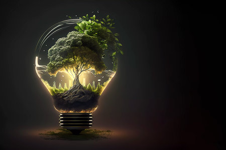 Environment. Light bulb on a dark background with a green forest inside. created by AIの素材