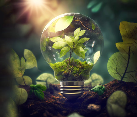 environment. Light bulb with green leaves inside. created by AIの素材