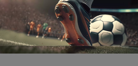 football player dribbles the ball. Soccer ball on the field under the foot. Banner. AI generatedの素材