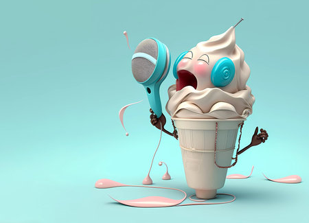 ice cream. Happy ice cream listening to music on a blue background. background. wallpaper. AI generatedの素材