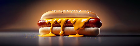 Hot dog with mustard on an abstract background. close-up. Banner. AI generatedの素材