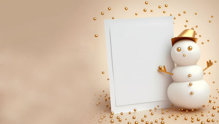 Happy snowman white and gold in a winter landscape. background. wallpaper. AI generatedの素材