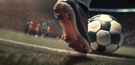 football player dribbles the ball. Soccer ball on the field under the foot. Banner. AI generatedの素材