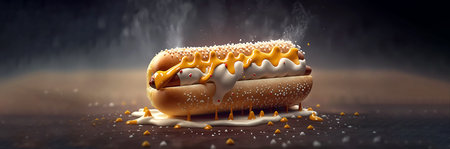 Hot hot dog with mustard and mayonnaise. hotdog. close-up. Banner. wallpaper. AI generatedの素材