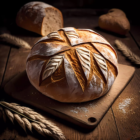 Homemade bread on a wooden table. carved bread. Generated AIの素材