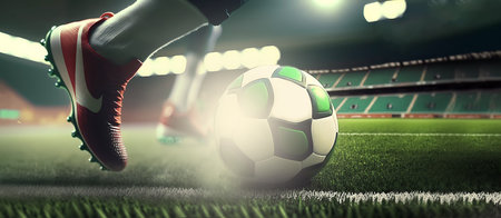football player on the field dribbles the ball. Soccer ball on the field under the foot. Banner. Place for text. AI generatedの素材