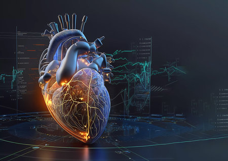 Human heart on the background of a cardiogram. neon glow. new technologies. Banner. created by AIの素材