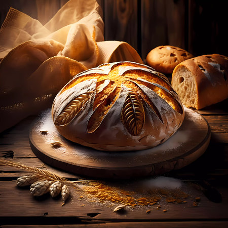 Homemade bread on a wooden table. carved bread. Generated AIの素材