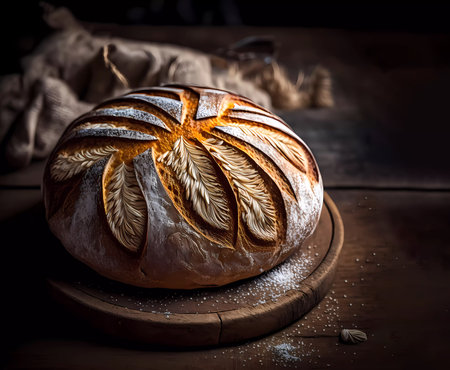 Homemade bread on a wooden table. Banner. Generated AIの素材