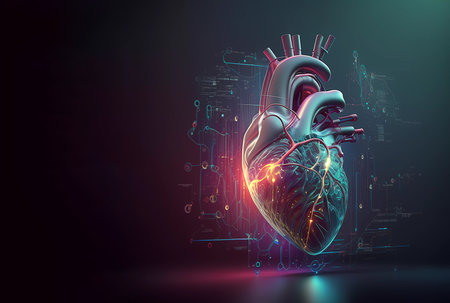 Human heart on a dark background. neon glow. new technologies. Banner. created by AIの素材