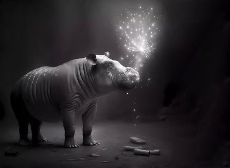 Hippopotamus. Black and white drawing of a hippopotamus in a haze and stars on a dark background. wallpaper. Banner. Generated AIの素材