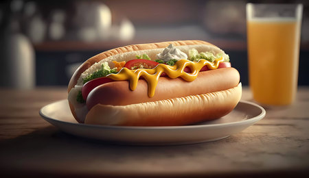 Hot dog with mustard in the background orange juice. close-up. Banner. AI generatedの素材