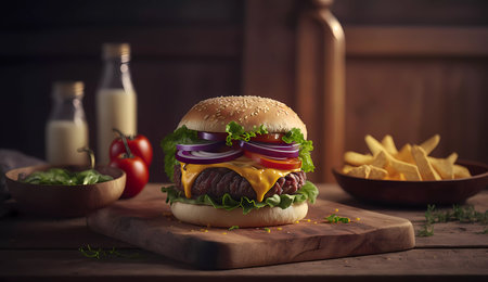 Juicy hamburger on a wooden board. Cheeseburger. Onions and Tomatoes. Banner. AI generatedの素材