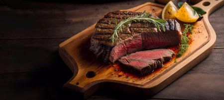 Juicy and fragrant beef steak is served on a wooden board. AI generatedの素材