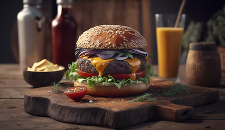 Juicy hamburger on a wooden board. Cheeseburger. Sauces in the background. Banner. AI generatedの素材