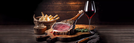 Juicy and flavorful meat on the bone. glass of wine. Banner. AI generatedの素材