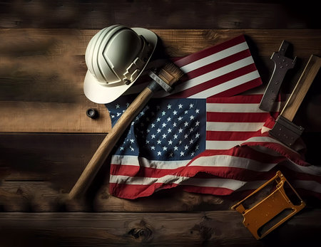 Labor Day in the USA. american flag. Labor tools on a wooden background. Banner. created by AIの素材