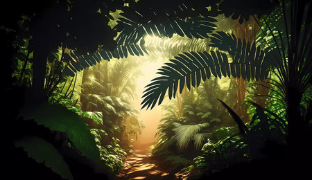 Jungle. A tropical forest. Palm trees, creepers. Generated AIの素材