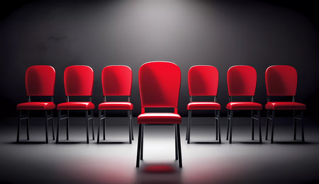job interview. A row of red chairs is lined up. One chair in the center is pushed forward. Generated AIの素材