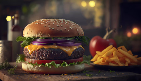 Juicy hamburger on a wooden board. french fries. AI generatedの素材