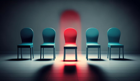 job interview. A row of green chairs is lined up with a red chair in the middle. Generated AIの素材