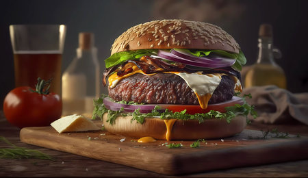 Juicy hamburger on a wooden board. AI generatedの素材