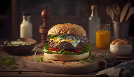 Juicy hamburger on a wooden board. Cheeseburger. Greenery. Banner. AI generatedの素材