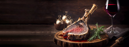 Juicy and flavorful meat on the bone. A glass of wine and cheese. Meat on the fire. Banner. AI generatedの素材
