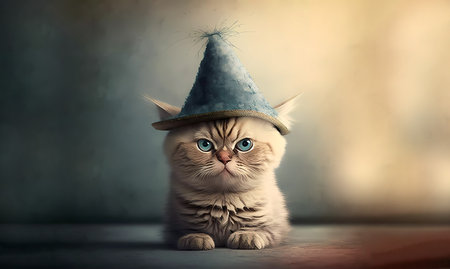 cute little kitten in a funny hat on an abstract background. Banner. AI generatedの素材