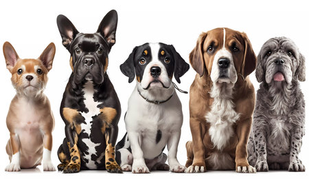 Cute dogs of different breeds are sitting. Banner. AI generatedの素材