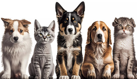 Cute dogs and cats of different breeds are sitting. Banner. AI generatedの素材