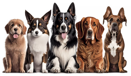 Dogs of different breeds sit in a line. Banner. AI generatedの素材