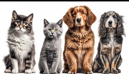 Dogs and cats of different breeds sit in a line and look at the camera. Banner. AI generatedの素材