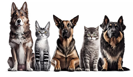 Dogs and cats of different breeds sit in a line. Banner. AI generatedの素材