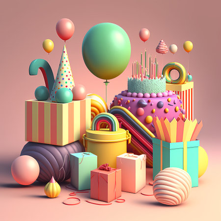 birthday. colorful happy birthday background with 3d balloons. birthday hat, birthday cake and gifts. Generative AI.の素材