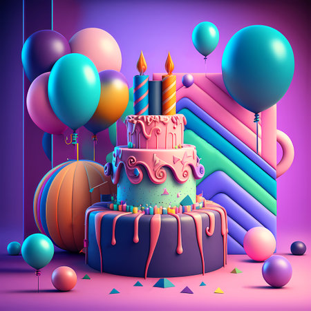 colorful happy birthday background with 3d balloons. birthday cake for birthday. Generative AI.の素材