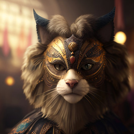 Carnival cat in a mask. Egyptian cat. Tsar, Cat in Mardi Gras mask. Generative AIの素材