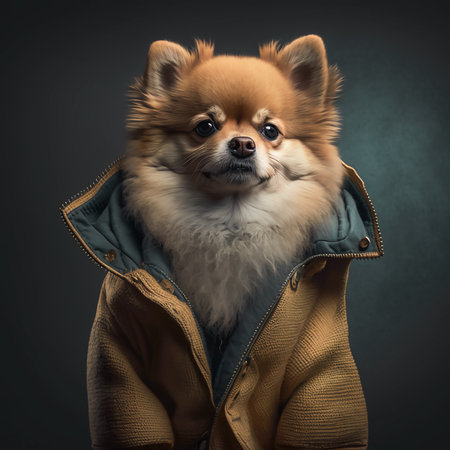 Red cute dog in a coat. Spitz portrait. Generative AIの素材