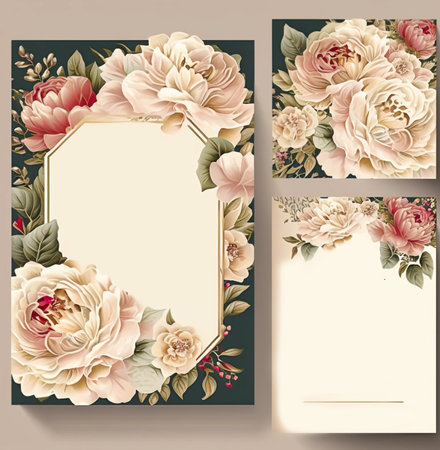 Wedding Invitation Card Template, Invitation Card Poster. Generative AI. Floral wedding invitation, save the date card set. Cream rose flowers, pink peony flowerの素材